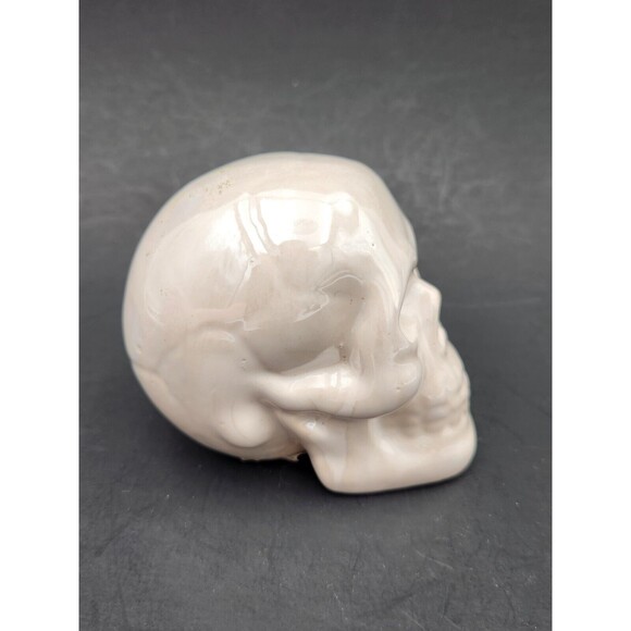 White Iridescent Glazed Ceramic Skull Skeleton Head Halloween Decor - Picture 2 of 6